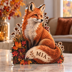 Artwork visualization: Autumn fox meadow — host seasonal thank you, personalized MIA, subject-shaped acrylic with printed optical 3D depth; not carved relief.