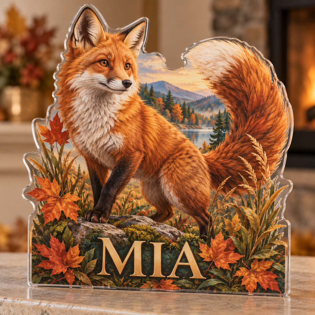 Artwork visualization: Autumn fox meadow — family seasonal keepsake, personalized MIA, subject-shaped acrylic with printed optical 3D depth; not carved relief.