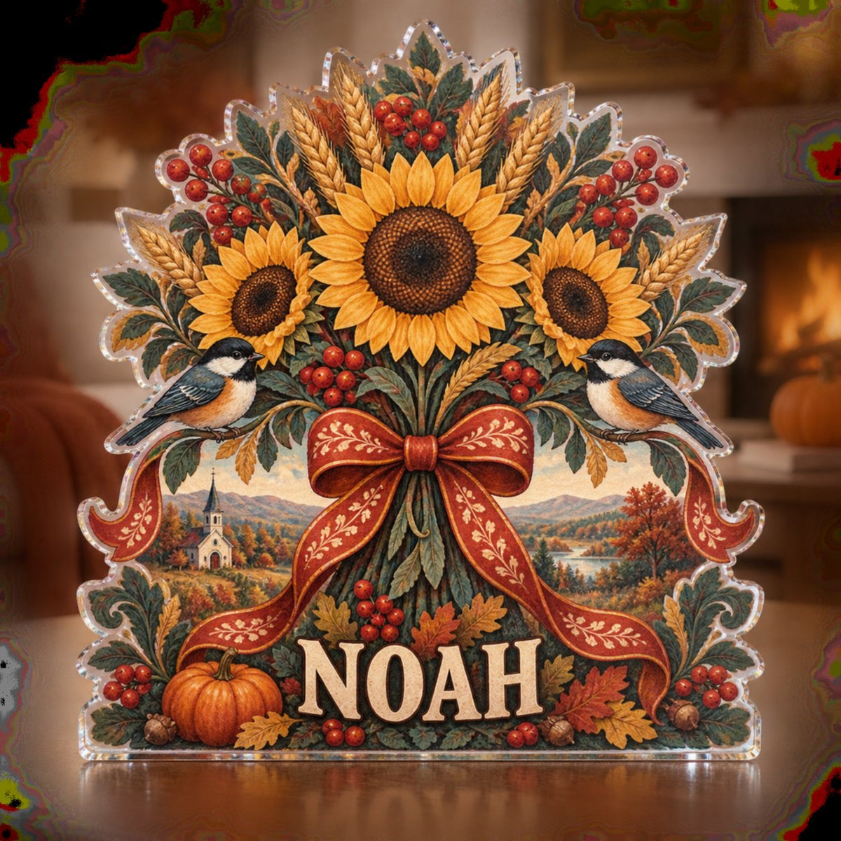 Personalized Folk Harvest Bouquet Seasonal Living Room Decor custom shape acrylic plaque with an example name set into the artwork, digital preview
