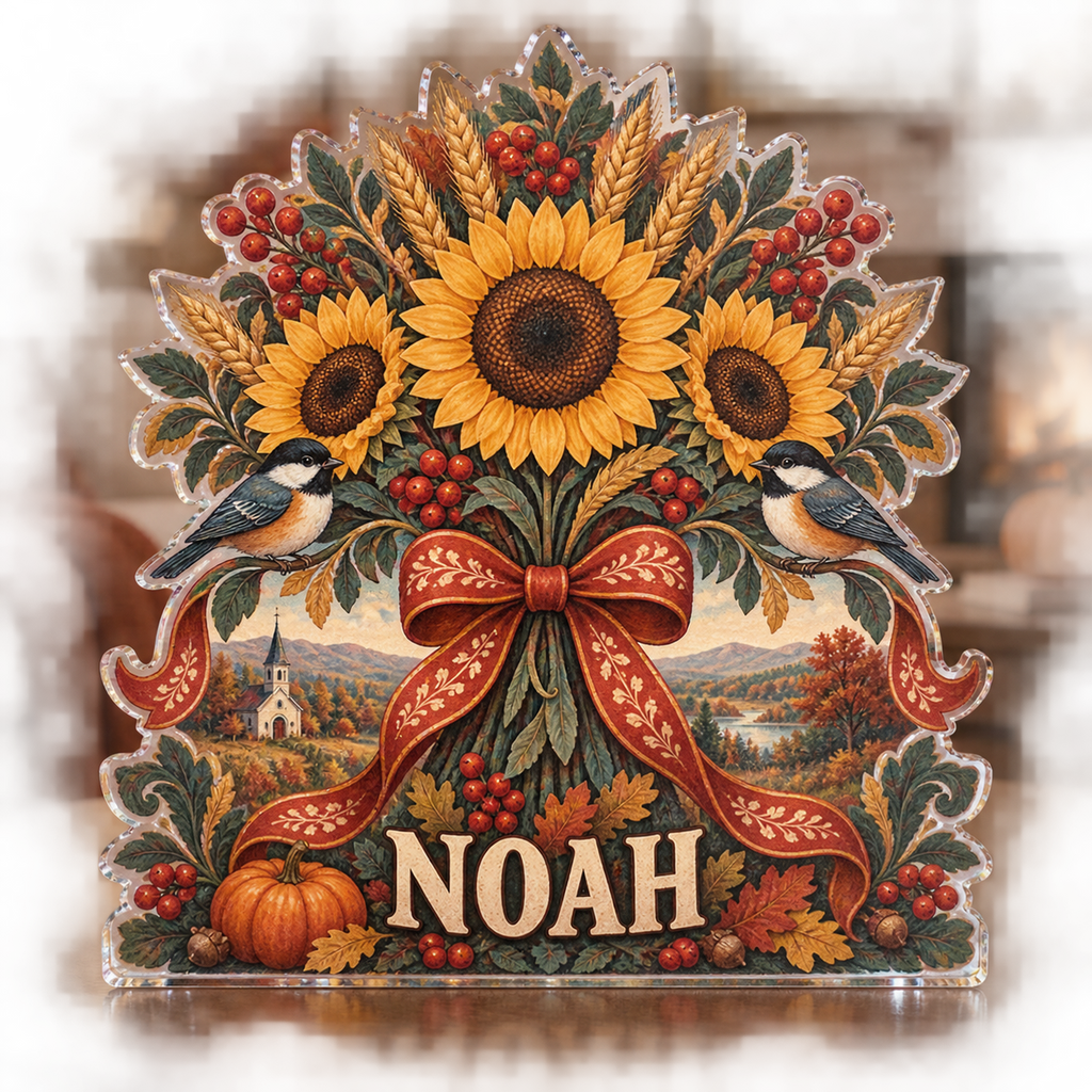 Artwork visualization: Folk harvest bouquet — seasonal living room decor, personalized NOAH, subject-shaped acrylic with printed optical 3D depth; not carved relief.