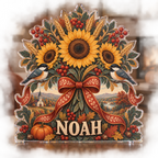 Artwork visualization: Folk harvest bouquet — seasonal living room decor, personalized NOAH, subject-shaped acrylic with printed optical 3D depth; not carved relief.