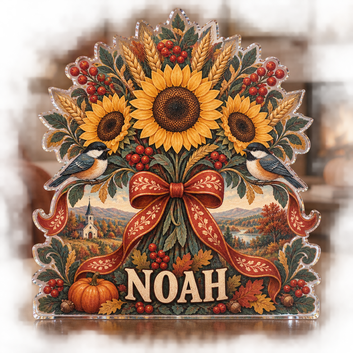 Artwork visualization: Folk harvest bouquet — seasonal living room decor, personalized NOAH, subject-shaped acrylic with printed optical 3D depth; not carved relief.