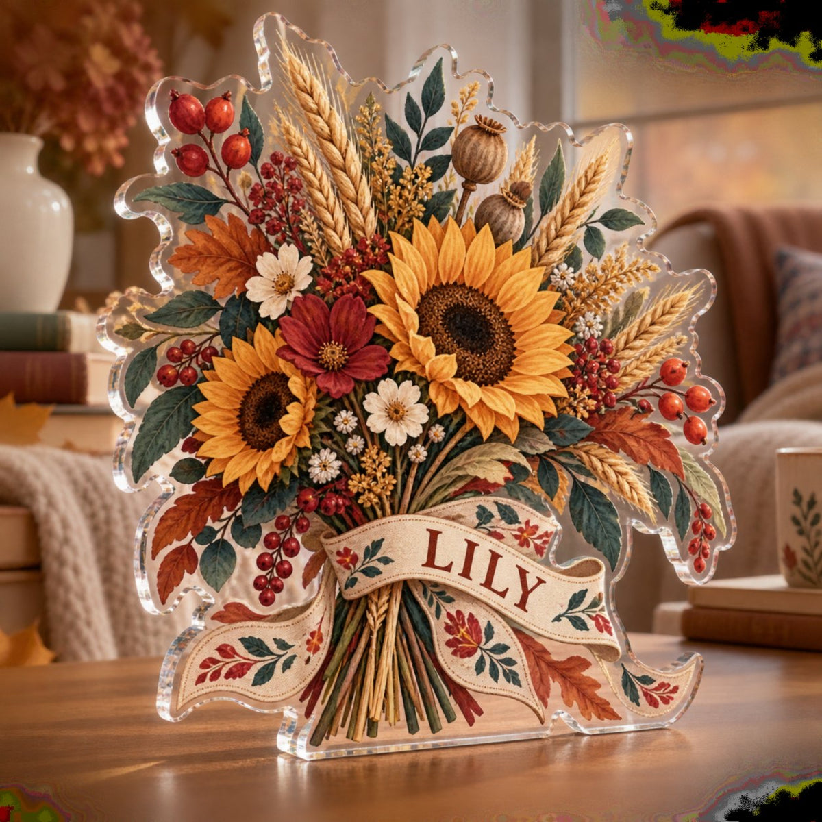 Personalized Folk Harvest Bouquet Reading Nook Seasonal Refresh custom shape acrylic plaque with an example name set into the artwork, digital preview