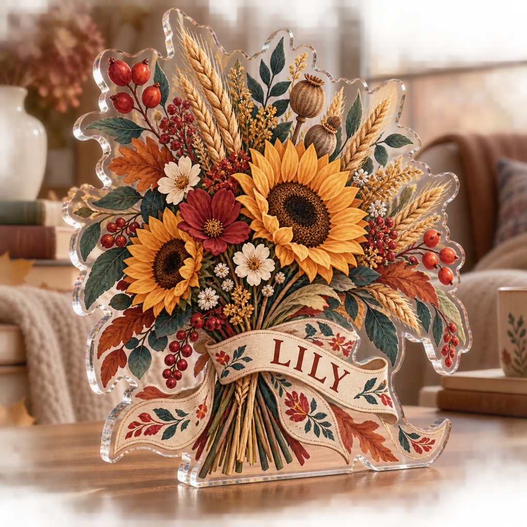 Artwork visualization: Folk harvest bouquet — reading nook seasonal refresh, personalized LILY, subject-shaped acrylic with printed optical 3D depth; not carved relief.