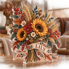 Artwork visualization: Folk harvest bouquet — reading nook seasonal refresh, personalized LILY, subject-shaped acrylic with printed optical 3D depth; not carved relief.