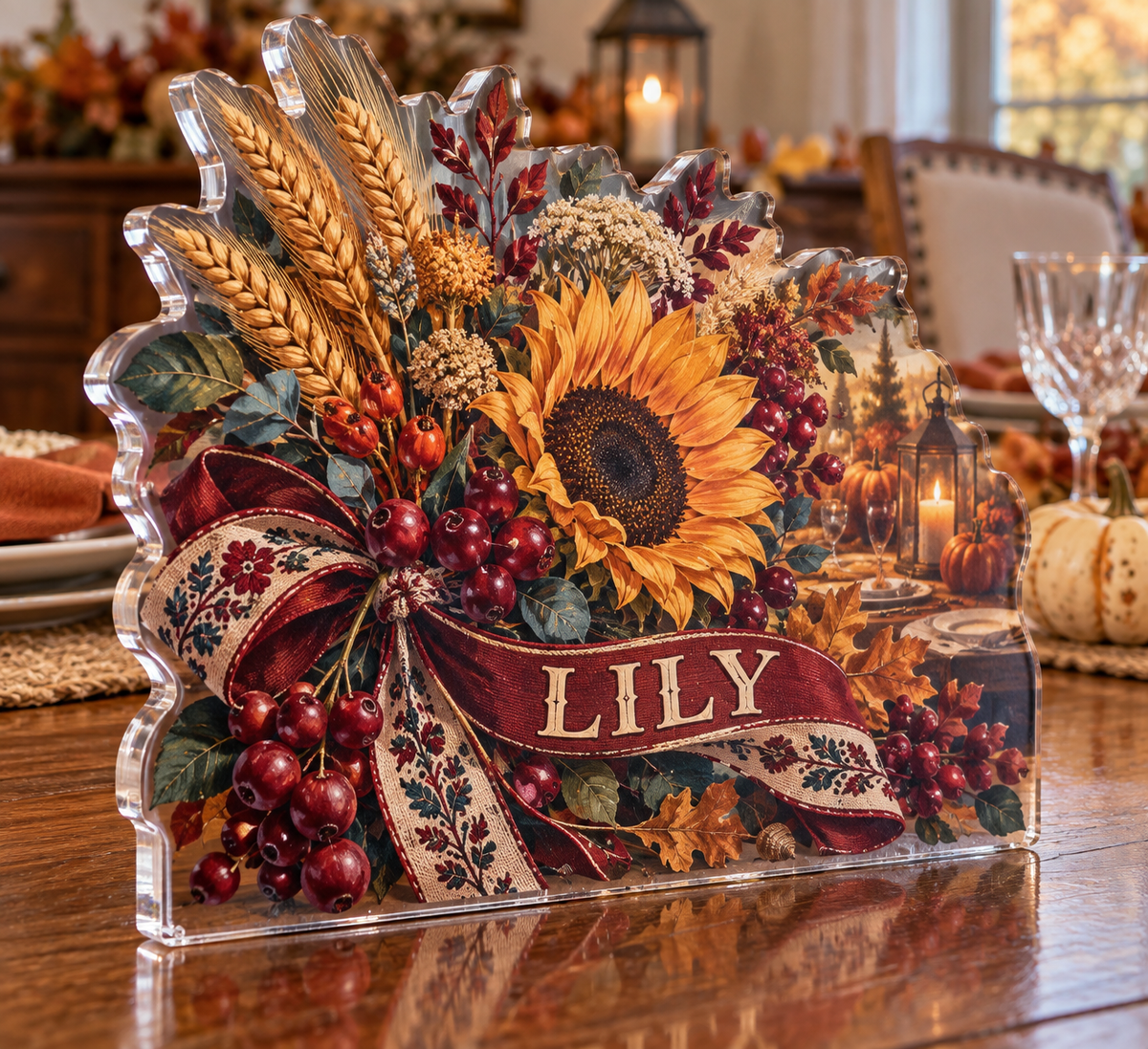 Artwork visualization: Folk harvest bouquet — host seasonal thank you, personalized LILY, subject-shaped acrylic with printed optical 3D depth; not carved relief.