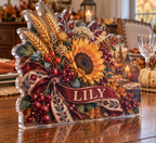 Artwork visualization: Folk harvest bouquet — host seasonal thank you, personalized LILY, subject-shaped acrylic with printed optical 3D depth; not carved relief.