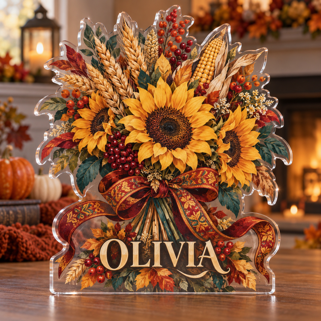 Artwork visualization: Folk harvest bouquet — family seasonal keepsake, personalized OLIVIA, subject-shaped acrylic with printed optical 3D depth; not carved relief.