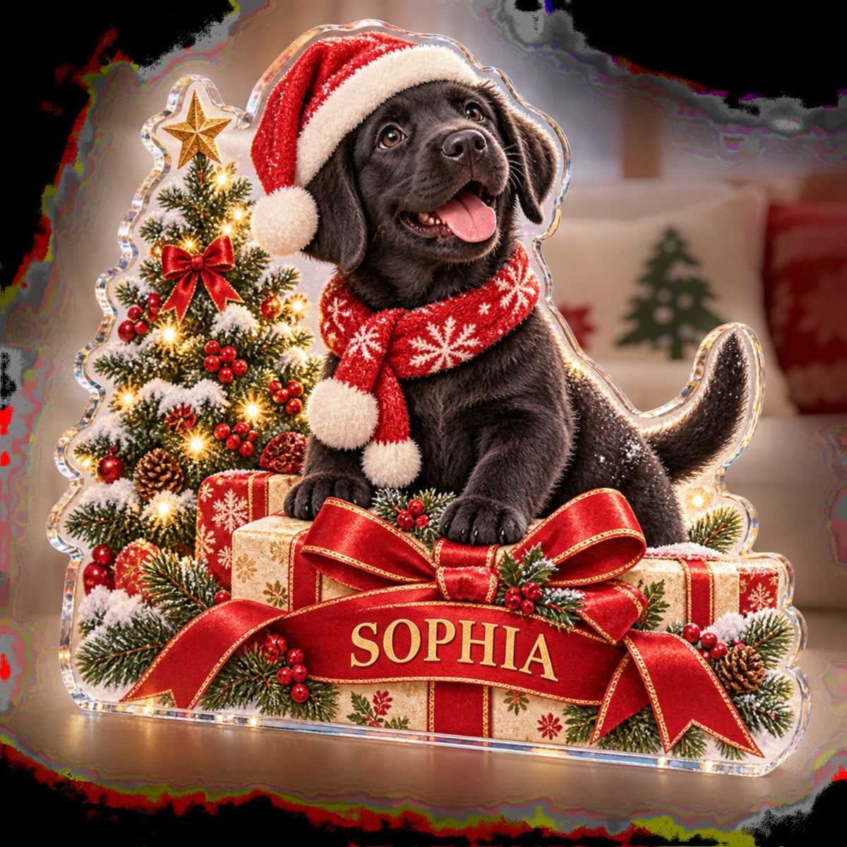 Personalized Pet First Christmas Winter Sofa Decoration custom shape acrylic plaque with an example name set into the artwork, digital preview