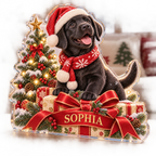 Artwork visualization: Pet first Christmas — winter sofa decoration, personalized SOPHIA, subject-shaped acrylic with printed optical 3D depth; not carved relief.