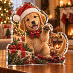 Artwork visualization: Pet first Christmas — host holiday gift, personalized LUNA, subject-shaped acrylic with printed optical 3D depth; not carved relief.