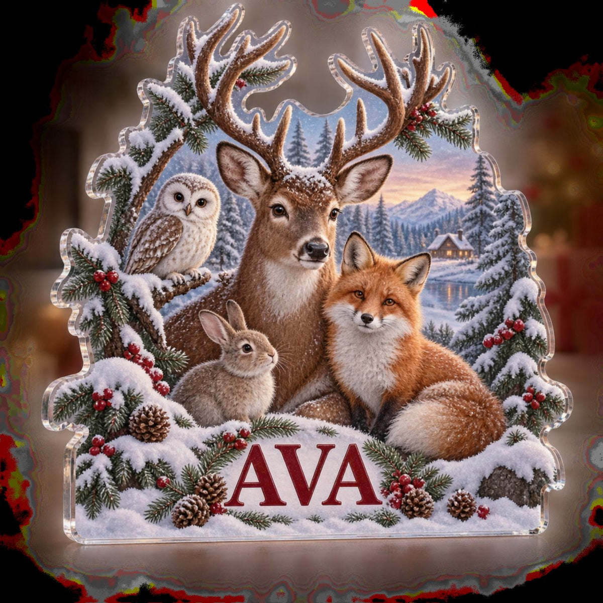 Personalized Winter Woodland Animals Family Christmas Keepsake custom shape acrylic plaque with an example name set into the artwork, digital preview