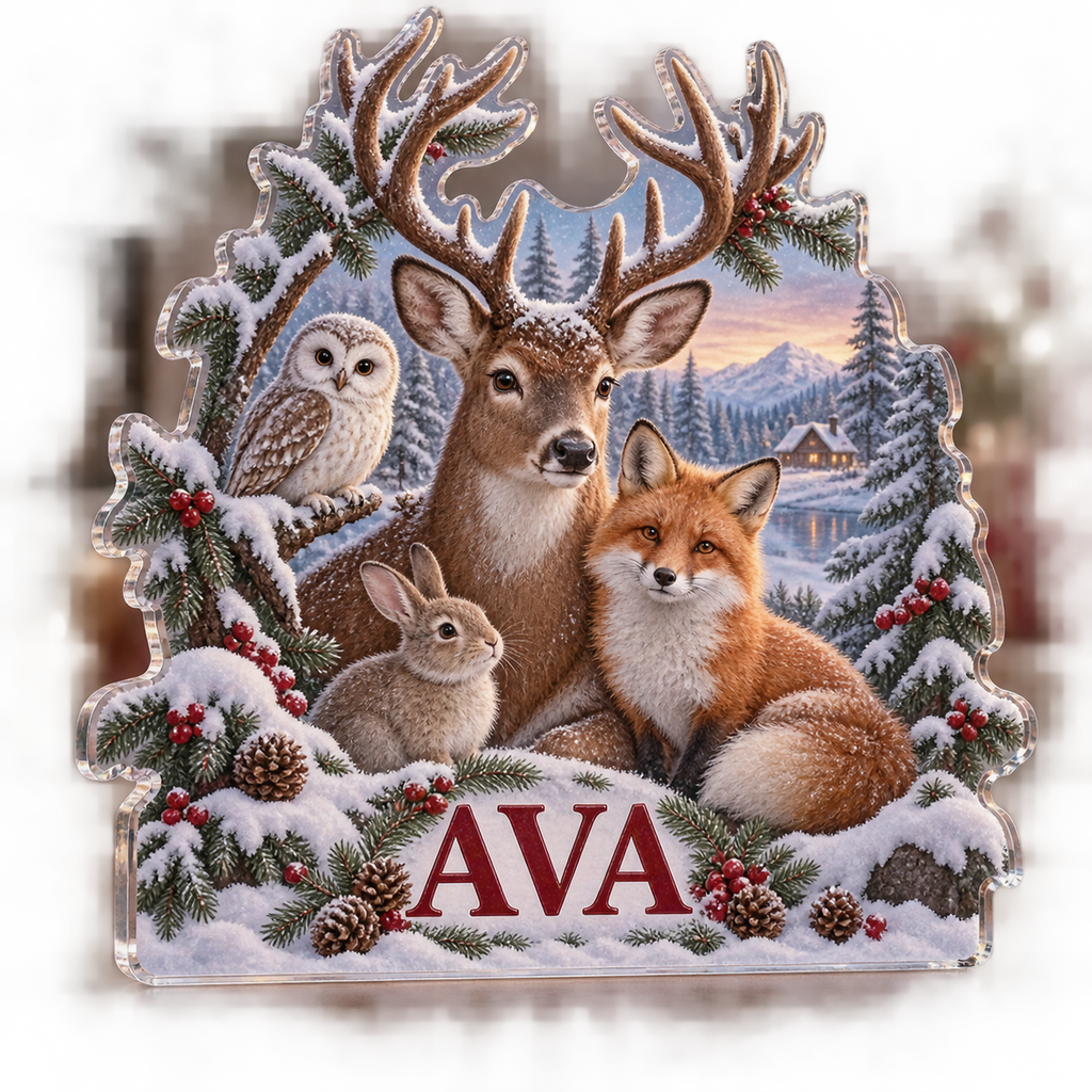 Artwork visualization: Winter woodland animals — family Christmas keepsake, personalized AVA, subject-shaped acrylic with printed optical 3D depth; not carved relief.