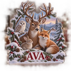 Artwork visualization: Winter woodland animals — family Christmas keepsake, personalized AVA, subject-shaped acrylic with printed optical 3D depth; not carved relief.