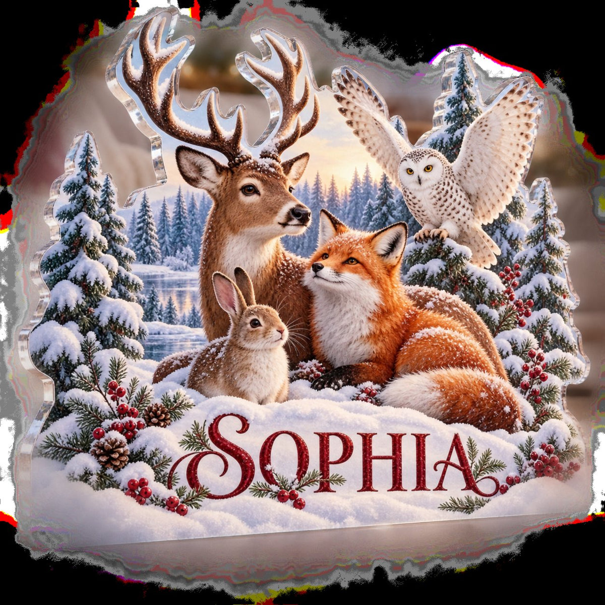Personalized Winter Woodland Animals Winter Sofa Decoration custom shape acrylic plaque with an example name set into the artwork, digital preview
