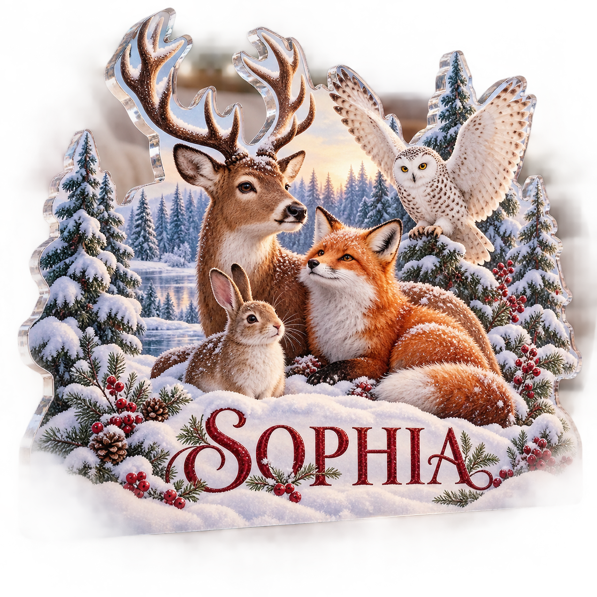 Artwork visualization: Winter woodland animals — winter sofa decoration, personalized SOPHIA, subject-shaped acrylic with printed optical 3D depth; not carved relief.