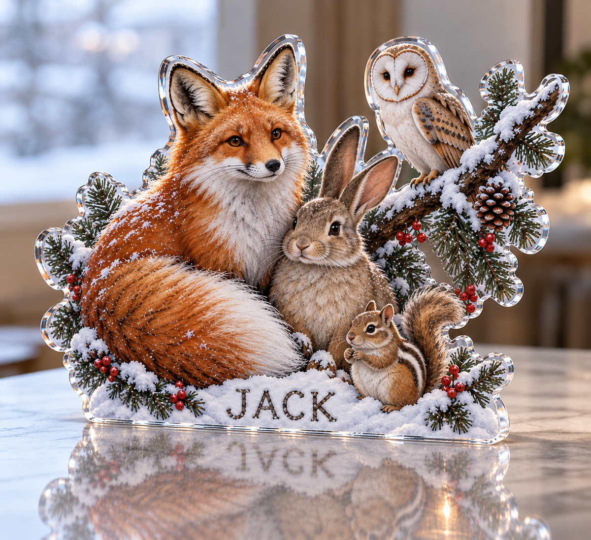 Artwork visualization: Winter woodland animals — cozy winter reading, personalized JACK, subject-shaped acrylic with printed optical 3D depth; not carved relief.