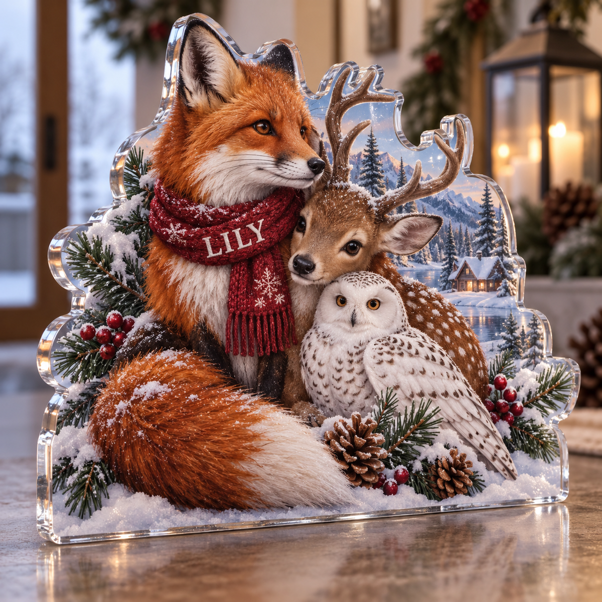 Artwork visualization: Winter woodland animals — host holiday gift, personalized LILY, subject-shaped acrylic with printed optical 3D depth; not carved relief.