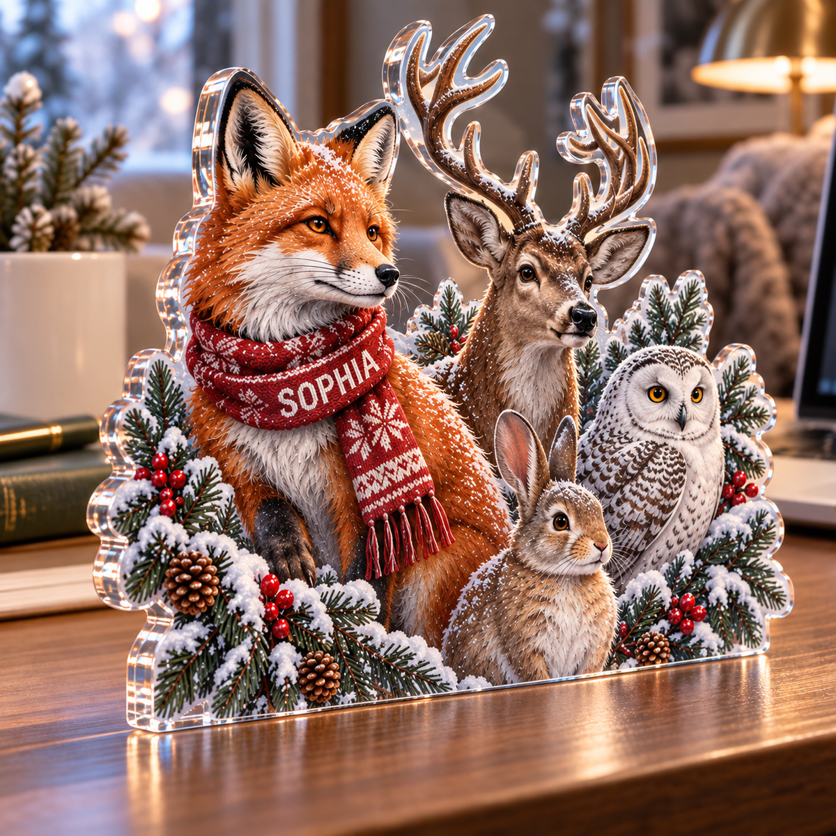 Artwork visualization: Winter woodland animals — office winter desk, personalized SOPHIA, subject-shaped acrylic with printed optical 3D depth; not carved relief.