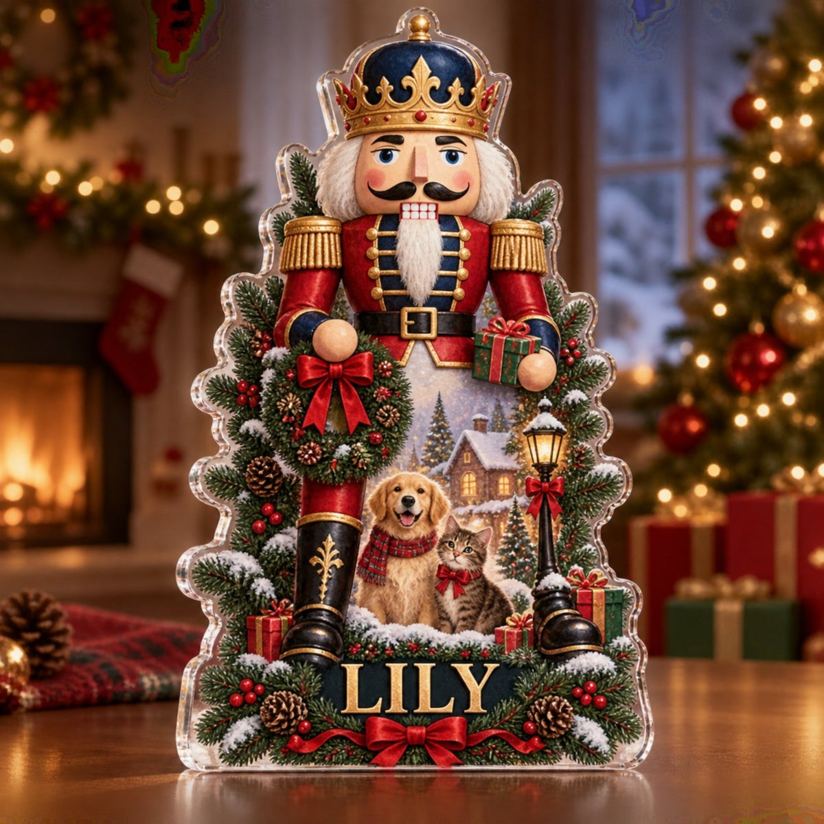 Personalized Nutcracker Illustration Family Christmas Keepsake custom shape acrylic plaque with an example name set into the artwork, digital preview