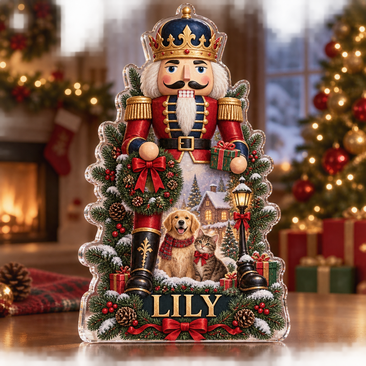 Artwork visualization: Nutcracker illustration — family Christmas keepsake, personalized LILY, subject-shaped acrylic with printed optical 3D depth; not carved relief.