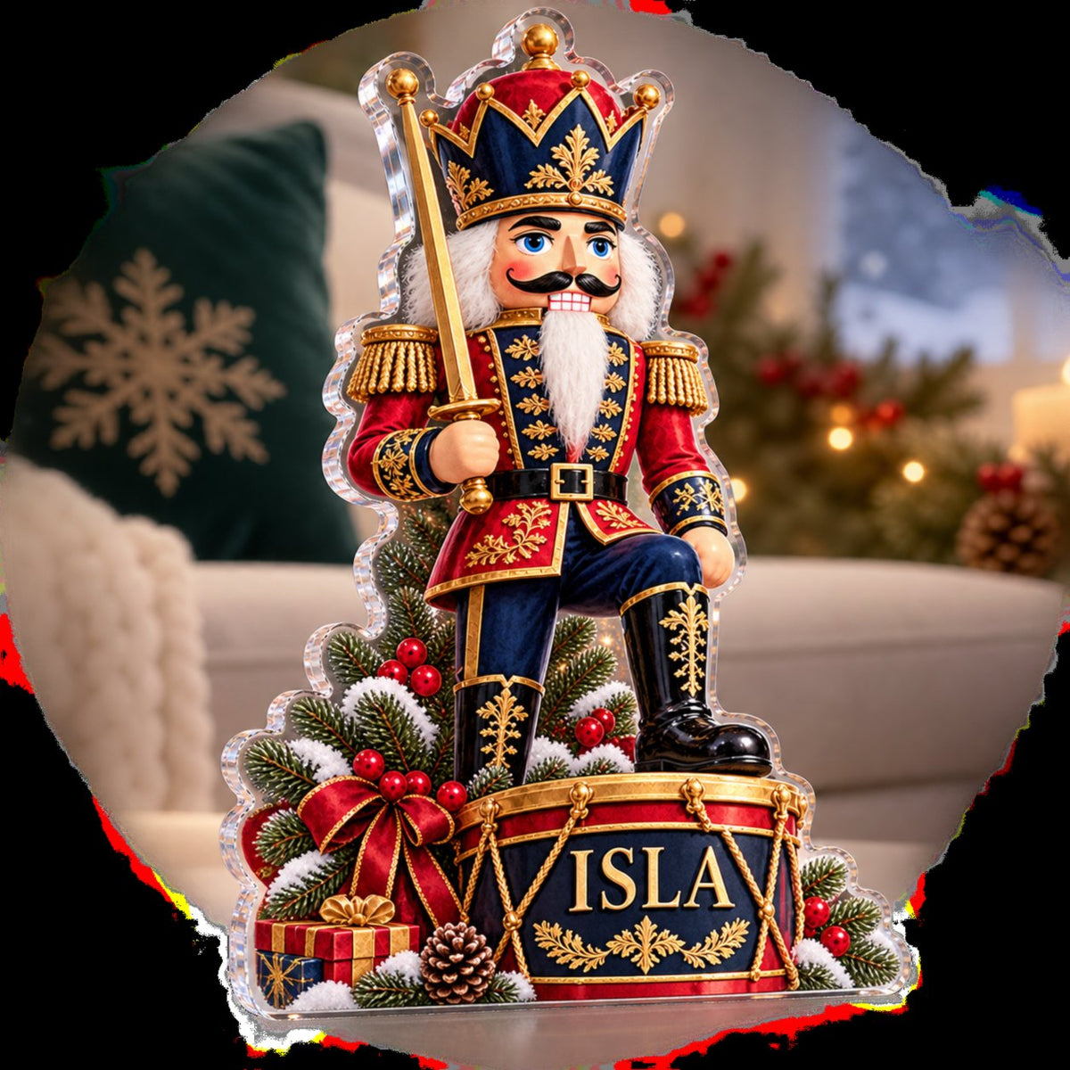 Personalized Nutcracker Illustration Winter Sofa Decoration custom shape acrylic plaque with an example name set into the artwork, digital preview