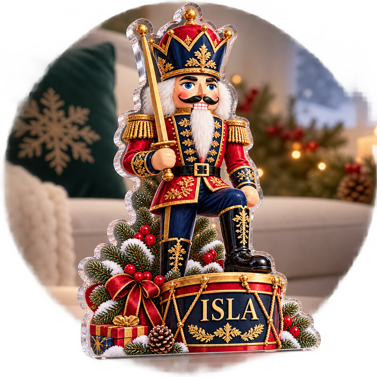 Artwork visualization: Nutcracker illustration — winter sofa decoration, personalized ISLA, subject-shaped acrylic with printed optical 3D depth; not carved relief.