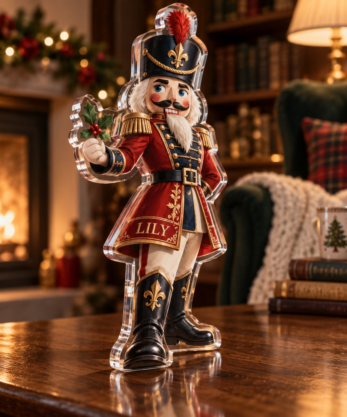 Artwork visualization: Nutcracker illustration — cozy winter reading, personalized LILY, subject-shaped acrylic with printed optical 3D depth; not carved relief.