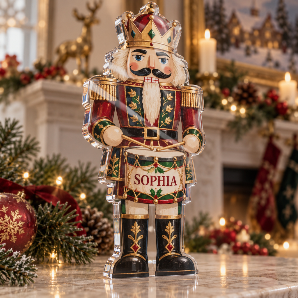 Artwork visualization: Nutcracker illustration — host holiday gift, personalized SOPHIA, subject-shaped acrylic with printed optical 3D depth; not carved relief.