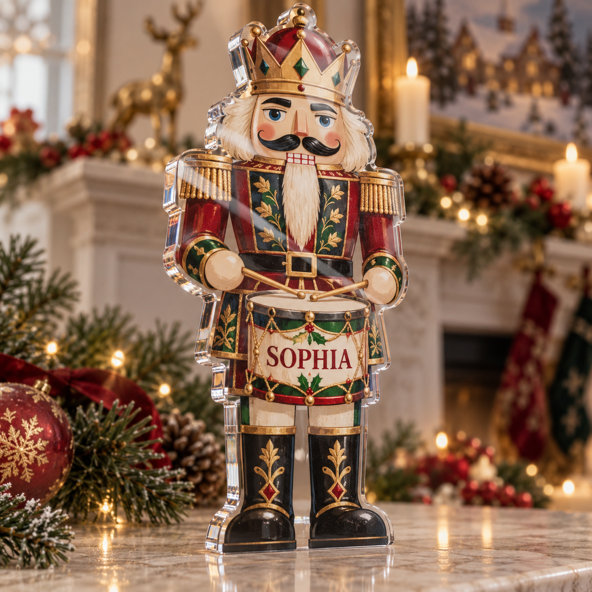 Artwork visualization: Nutcracker illustration — host holiday gift, personalized SOPHIA, subject-shaped acrylic with printed optical 3D depth; not carved relief.