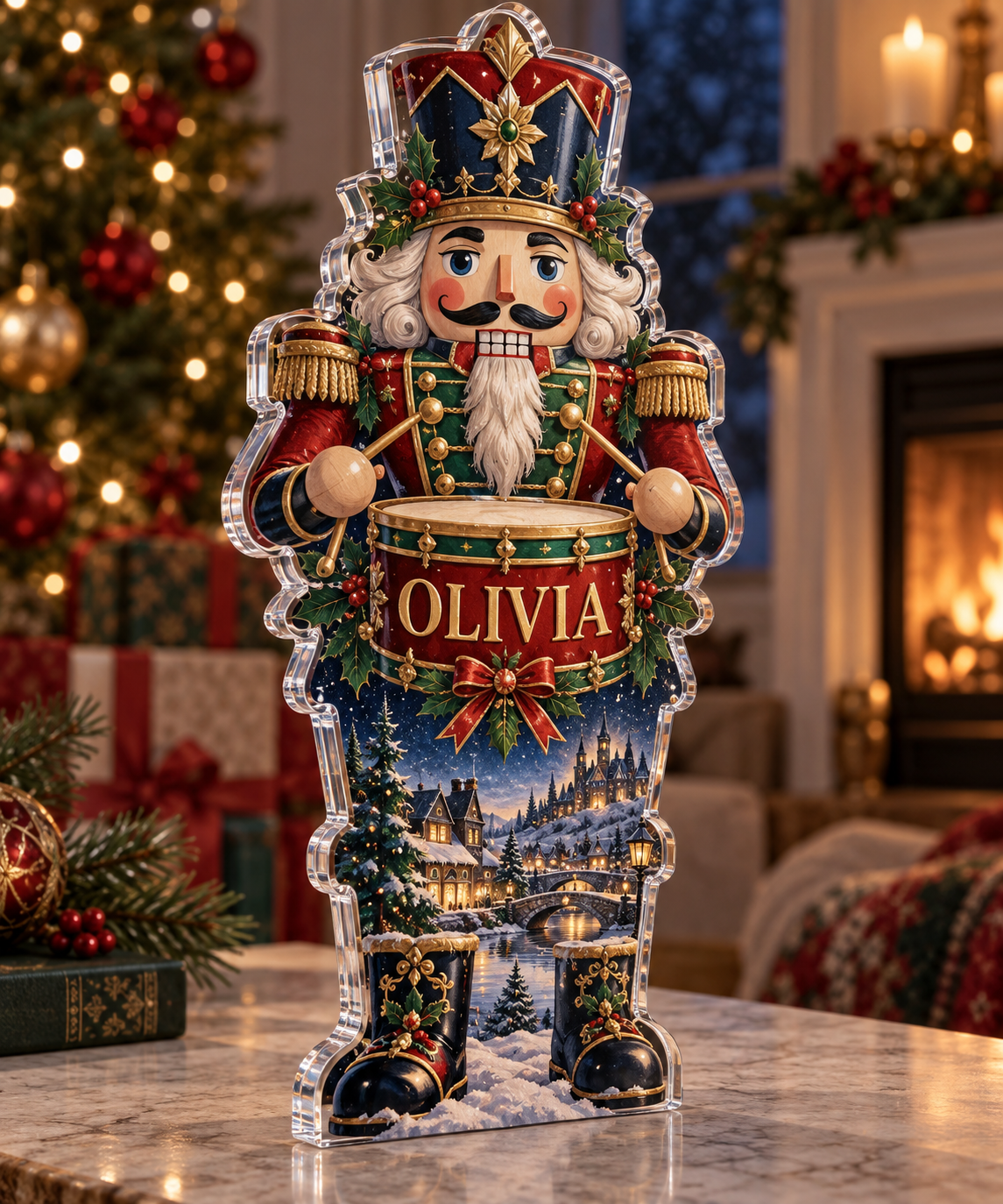 Artwork visualization: Nutcracker illustration — first holiday milestone, personalized OLIVIA, subject-shaped acrylic with printed optical 3D depth; not carved relief.