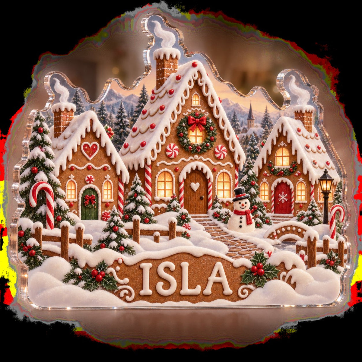 Personalized Gingerbread Village Family Christmas Keepsake custom shape acrylic plaque with an example name set into the artwork, digital preview