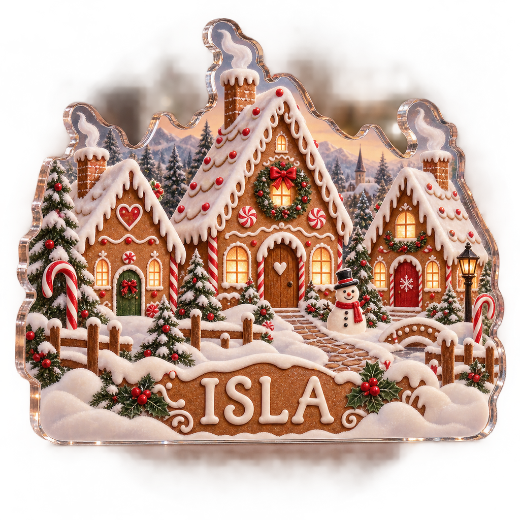 Artwork visualization: Gingerbread village — family Christmas keepsake, personalized ISLA, subject-shaped acrylic with printed optical 3D depth; not carved relief.