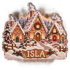 Artwork visualization: Gingerbread village — family Christmas keepsake, personalized ISLA, subject-shaped acrylic with printed optical 3D depth; not carved relief.