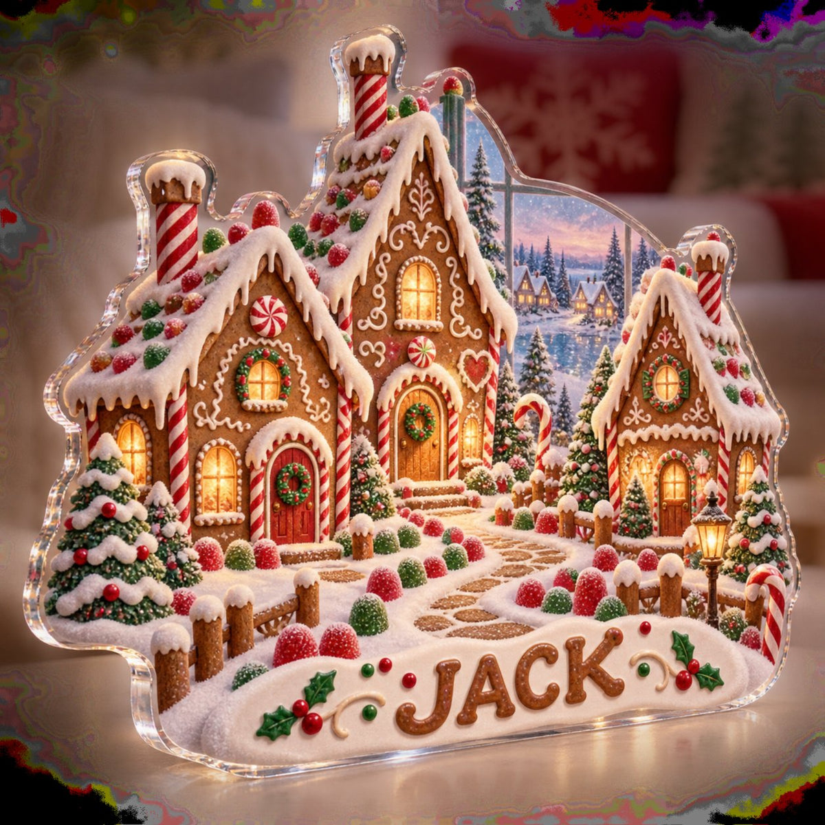Personalized Gingerbread Village Winter Sofa Decoration custom shape acrylic plaque with an example name set into the artwork, digital preview