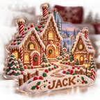 Artwork visualization: Gingerbread village — winter sofa decoration, personalized JACK, subject-shaped acrylic with printed optical 3D depth; not carved relief.