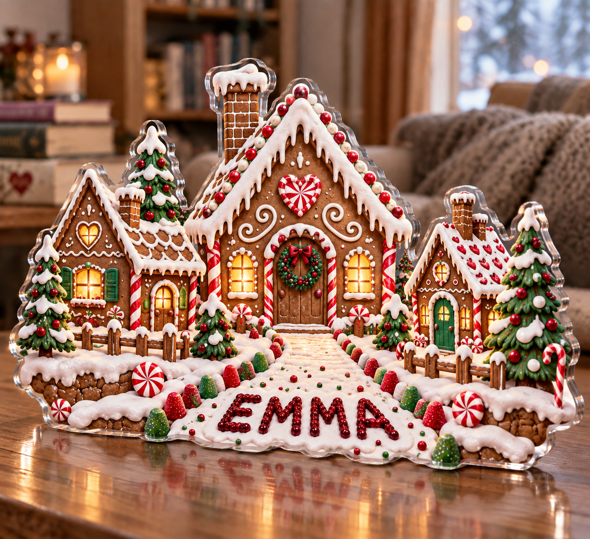 Artwork visualization: Gingerbread village — cozy winter reading, personalized EMMA, subject-shaped acrylic with printed optical 3D depth; not carved relief.