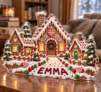 Artwork visualization: Gingerbread village — cozy winter reading, personalized EMMA, subject-shaped acrylic with printed optical 3D depth; not carved relief.