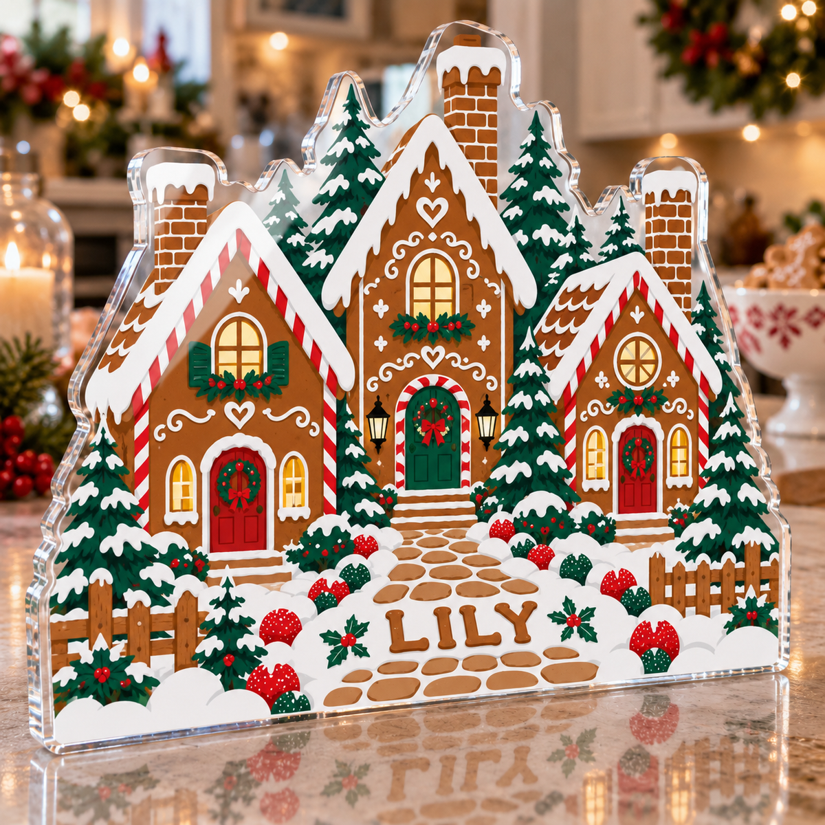 Artwork visualization: Gingerbread village — host holiday gift, personalized LILY, subject-shaped acrylic with printed optical 3D depth; not carved relief.