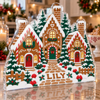 Artwork visualization: Gingerbread village — host holiday gift, personalized LILY, subject-shaped acrylic with printed optical 3D depth; not carved relief.