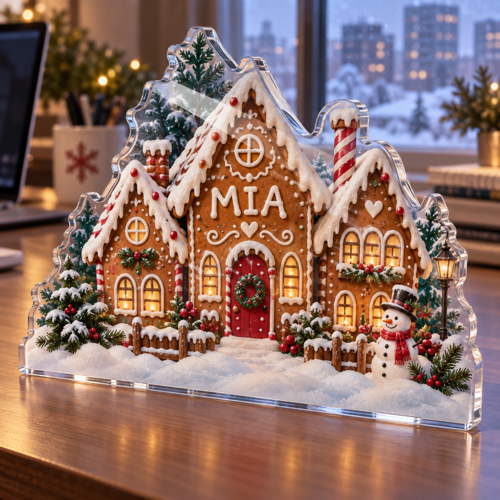 Artwork visualization: Gingerbread village — office winter desk, personalized MIA, subject-shaped acrylic with printed optical 3D depth; not carved relief.