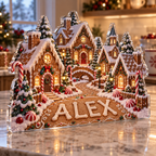 Artwork visualization: Gingerbread village — family matching holiday, personalized ALEX, subject-shaped acrylic with printed optical 3D depth; not carved relief.