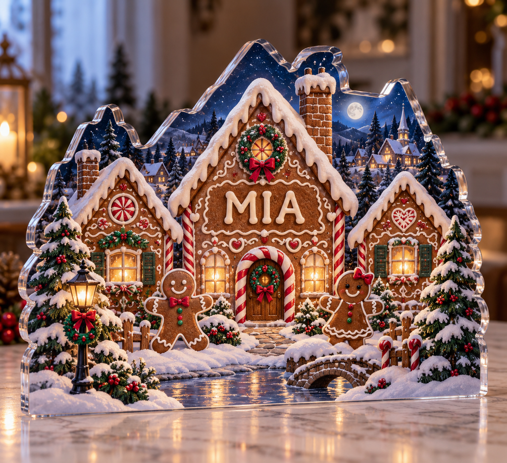Artwork visualization: Gingerbread village — first holiday milestone, personalized MIA, subject-shaped acrylic with printed optical 3D depth; not carved relief.