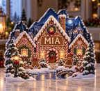 Artwork visualization: Gingerbread village — first holiday milestone, personalized MIA, subject-shaped acrylic with printed optical 3D depth; not carved relief.