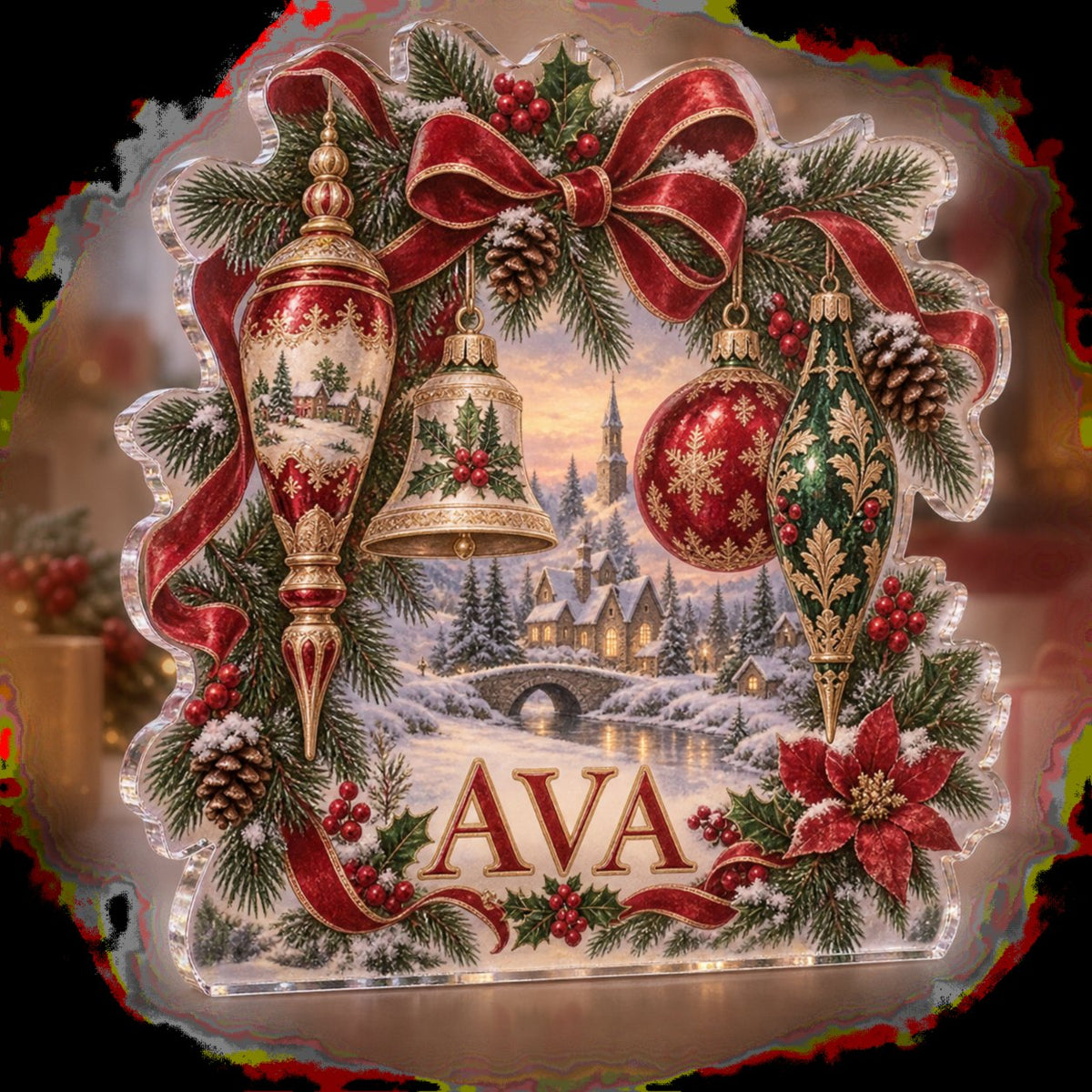 Personalized Vintage Ornament Collection Family Christmas Keepsake custom shape acrylic plaque with an example name set into the artwork, digital preview