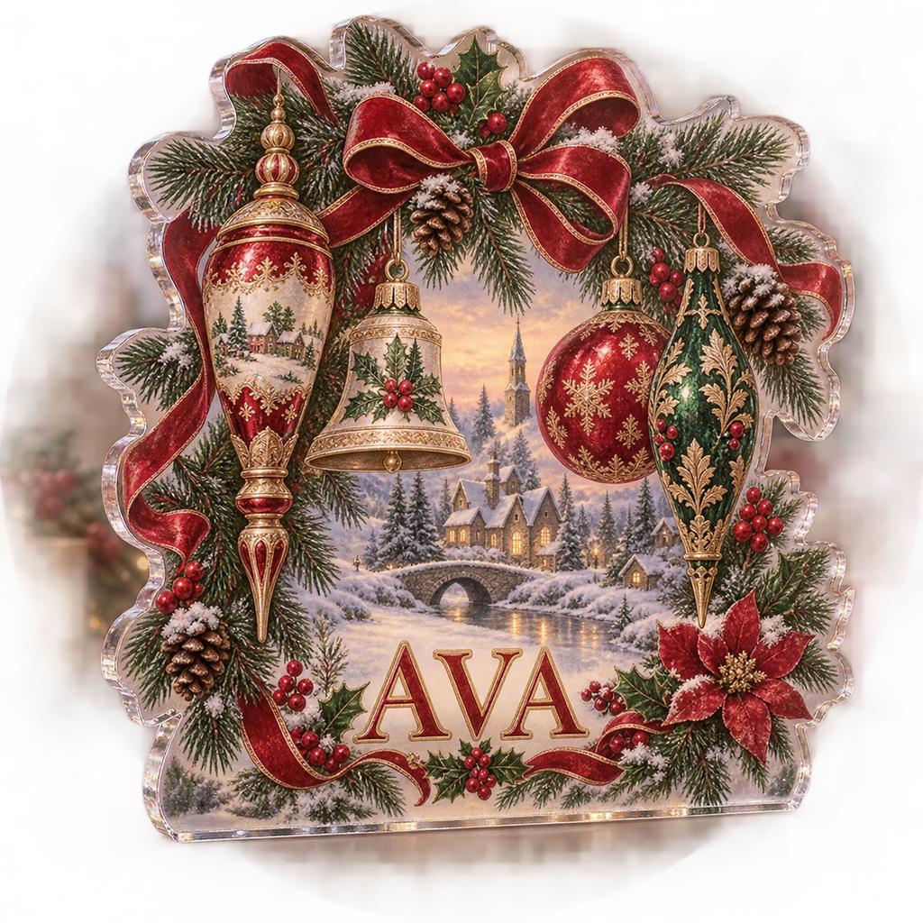 Artwork visualization: Vintage ornament collection — family Christmas keepsake, personalized AVA, subject-shaped acrylic with printed optical 3D depth; not carved relief.