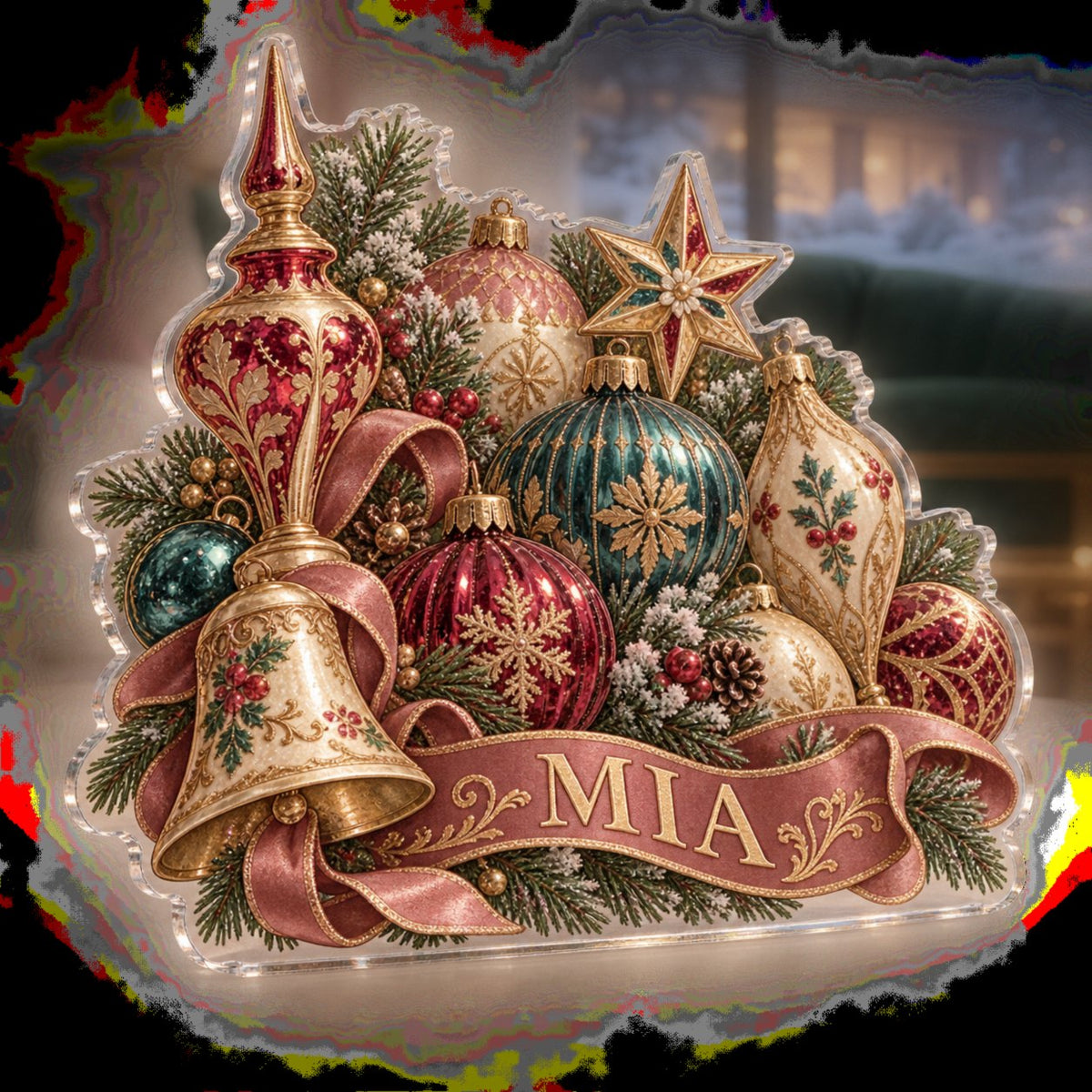 Personalized Vintage Ornament Collection Winter Sofa Decoration custom shape acrylic plaque with an example name set into the artwork, digital preview