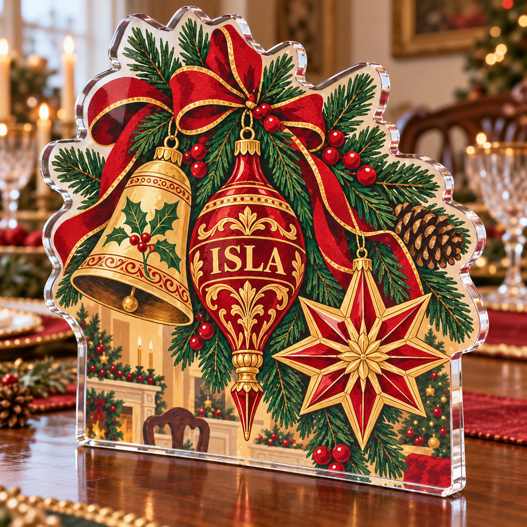 Artwork visualization: Vintage ornament collection — host holiday gift, personalized ISLA, subject-shaped acrylic with printed optical 3D depth; not carved relief.