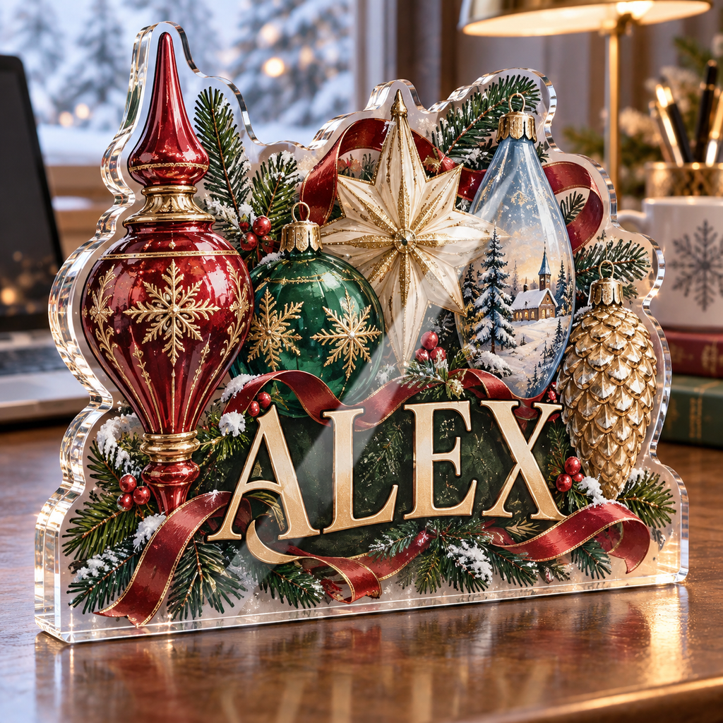 Artwork visualization: Vintage ornament collection — office winter desk, personalized ALEX, subject-shaped acrylic with printed optical 3D depth; not carved relief.
