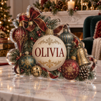 Artwork visualization: Vintage ornament collection — family matching holiday, personalized OLIVIA, subject-shaped acrylic with printed optical 3D depth; not carved relief.